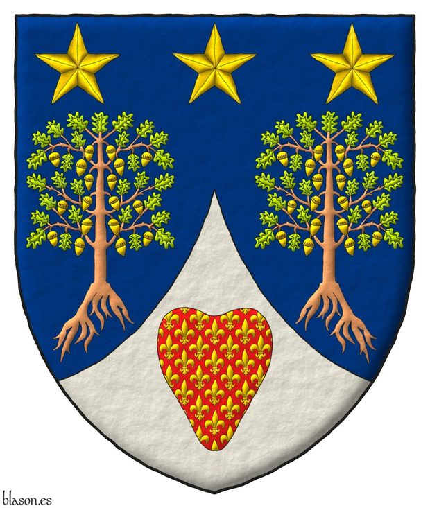 Escudo de azur, dos robles arrancados al natural, hojados de sinople, frutados de oro, en jefe, tres estrellas de cinco puntas de oro; entado en punta de plata, un corazn de gules sembrado de flores de lis de oro.