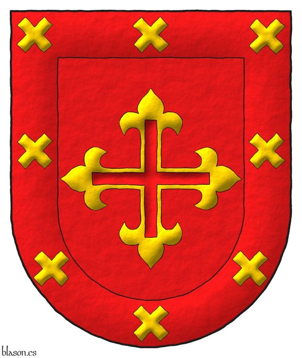 Escudo de gules, una cruz hueca flordelisada de oro; bordura de gules, ocho sotueres de oro.