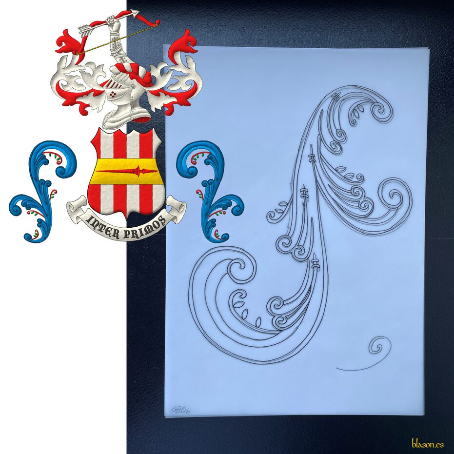 Escudo palado de seis piezas de gules y plata; brochante sobre el todo, una faja de oro cargada de una lanza de gules. Timbrado de un yelmo, adornado de dos lambrequines de gules y plata, un burelete de plata y gules, cimado de un brazo armado, puesto en banda de plata, teniendo, puestos en barra, un arco de gules, cordado de oro y una flecha apuntando a la siniestra. Lema: �Inter Primos�.