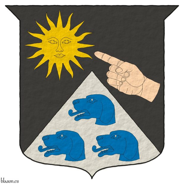 Party per chevron Sable and Argent, in the dexter of the chief a sun in splendour Or, pointed from the sinister by a dexter hand couped at the wrist, bendwise proper, in base three Brach hounds' heads couped Azure, 1 and 2.