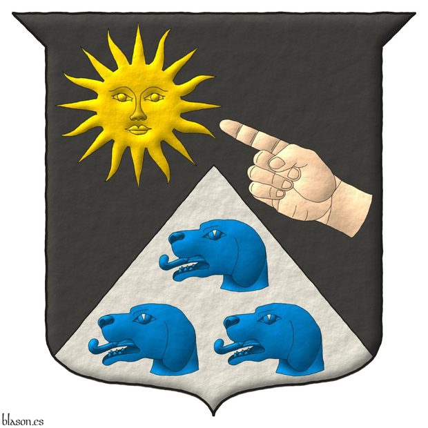 Escudo de sable, mantelado en punta de plata, en la diestra del jefe un sol de oro, apuntado desde la siniestra por una mano diestra puesta en banda de carnacin, en la punta tres cabezas de perro braco de azur, 1 y 2.