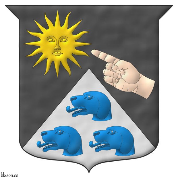 Party per chevron Sable and Argent, in the dexter of the chief a sun in splendour Or, pointed from the sinister by a dexter hand couped at the wrist, bendwise proper, in base three Brach hounds' heads couped Azure, 1 and 2.