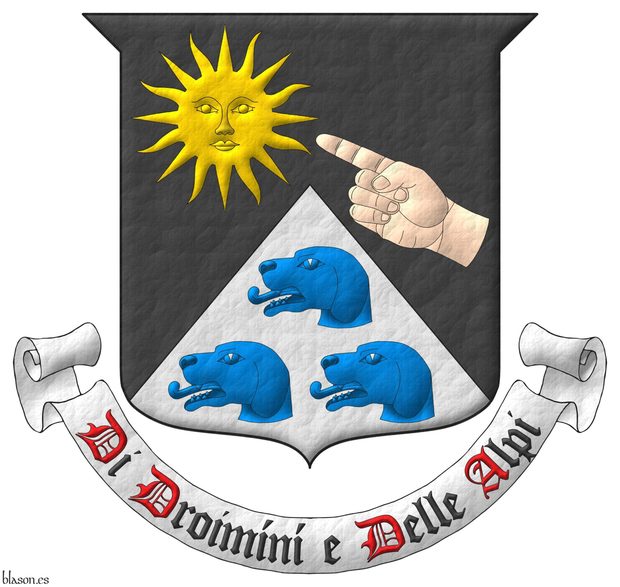 Sable, a sun in splendour Or in the dexter chief, and a dexter hand couped at the wrist proper pointing thereto in the sinister base, and per chevron Argent three brach hound's heads couped Azure, 1 and 2. Motto: Di Droimn e Delle Alpi Sable, with initial letters Gules, over a scroll Argent.