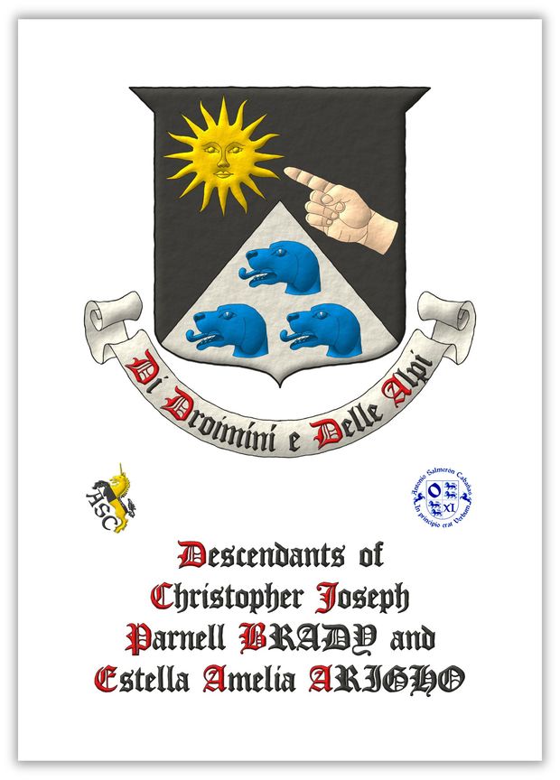 Sable, a sun in splendour Or in the dexter chief, and a dexter hand couped at the wrist proper pointing thereto in the sinister base, and per chevron Argent three brach hound's heads couped Azure, 1 and 2. Motto: Di Droimn e Delle Alpi Sable, with initial letters Gules, over a scroll Argent.