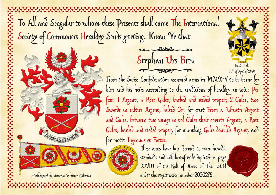 Party per fess: 1 Argent, a rose Gules, barbed and seeded proper; 2 Gules, two swords in saltire Argent, hilted Or. Crest: Upon a helm, with a wreath Argent and Gules, on two wings in vol Gules, their coverts Argent, a rose Gules, barbed and seeded proper. Mantling: Gules doubled Argent. Motto: Ingenuus et fortis Sable over a scroll Argent doubled Gules.