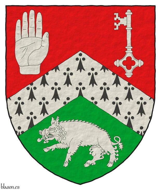 Party per chevron Gules and Vert, overall a chevron ermine between, in the dexter of the chief a dexter hand apaume couped at the wrist, in the sinister of the chief a key palewise, ward to dexter chief, and in base a boar passant Argent.