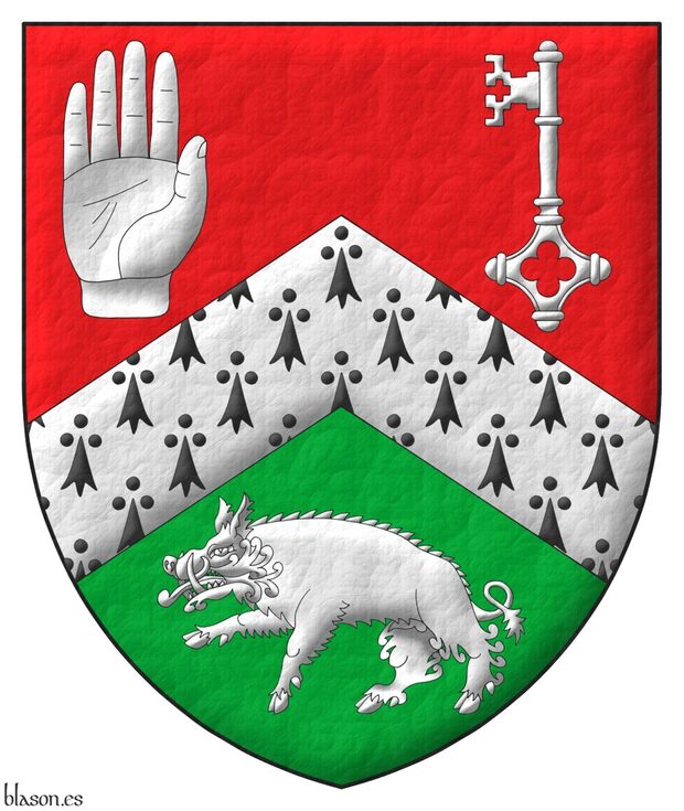 Party per chevron Gules and Vert, overall a chevron ermine between, in the dexter of the chief a dexter hand apaume couped at the wrist, in the sinister of the chief a key palewise, ward to dexter chief, and in base a boar passant Argent.