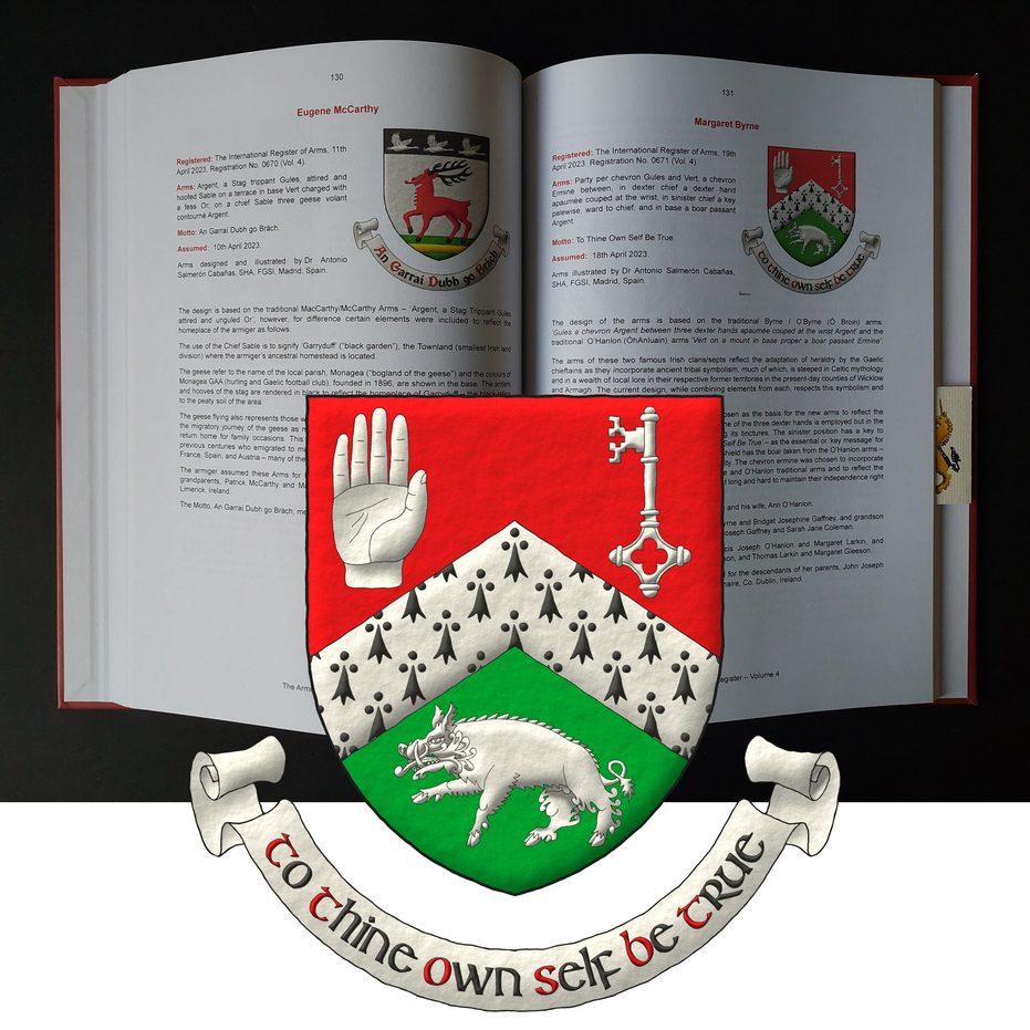 Party per chevron Gules and Vert, overall a chevron ermine between, in the dexter of the chief a dexter hand apaume couped at the wrist, in the sinister of the chief a key palewise, ward to dexter chief, and in base a boar passant Argent. Motto: To Thine Own Self Be True Sable, with initial letters Gules, over a scroll Argent.