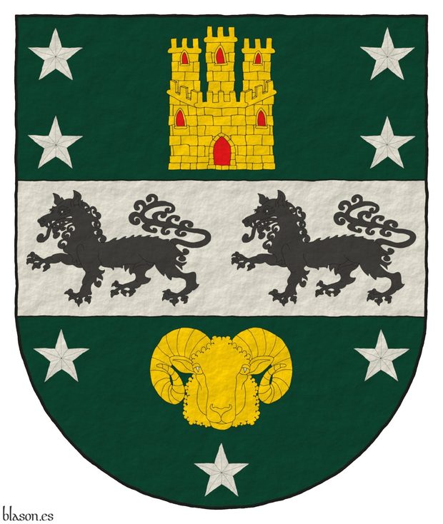 Vert, on a fess Argent, between in chief a castle triple-towered Or, port and windows Gules, masoned Sable, between four mullets Argent, 2 and 2, and in base a Merino ram's head caboshed Or, between three mullets Argent, 2 and 1, two wolves passant Sable.