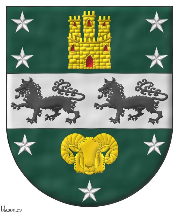 Vert, on a fess Argent, between in chief a castle triple-towered Or, port and windows Gules, masoned Sable, between four mullets Argent, 2 and 2, and in base a Merino ram's head caboshed Or, between three mullets Argent, 2 and 1, two wolves passant Sable.