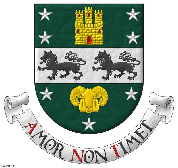 Vert, on a fess Argent, between in chief a castle triple-towered Or, port and windows Gules, masoned Sable, between four mullets Argent, 2 and 2, and in base a Merino ram's head caboshed Or, between three mullets Argent, 2 and 1, two wolves passant Sable. Motto: Amor Non Timet Sable, with initial letters Gules, over a scroll Argent.