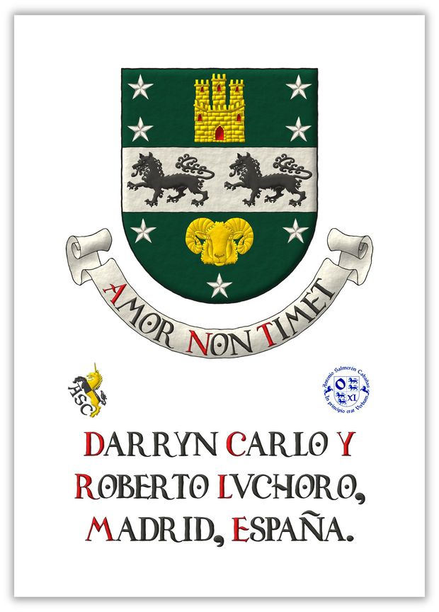 Vert, on a fess Argent, between in chief a castle triple-towered Or, port and windows Gules, masoned Sable, between four mullets Argent, 2 and 2, and in base a Merino ram's head caboshed Or, between three mullets Argent, 2 and 1, two wolves passant Sable. Motto: Amor Non Timet Sable, with initial letters Gules, over a scroll Argent.