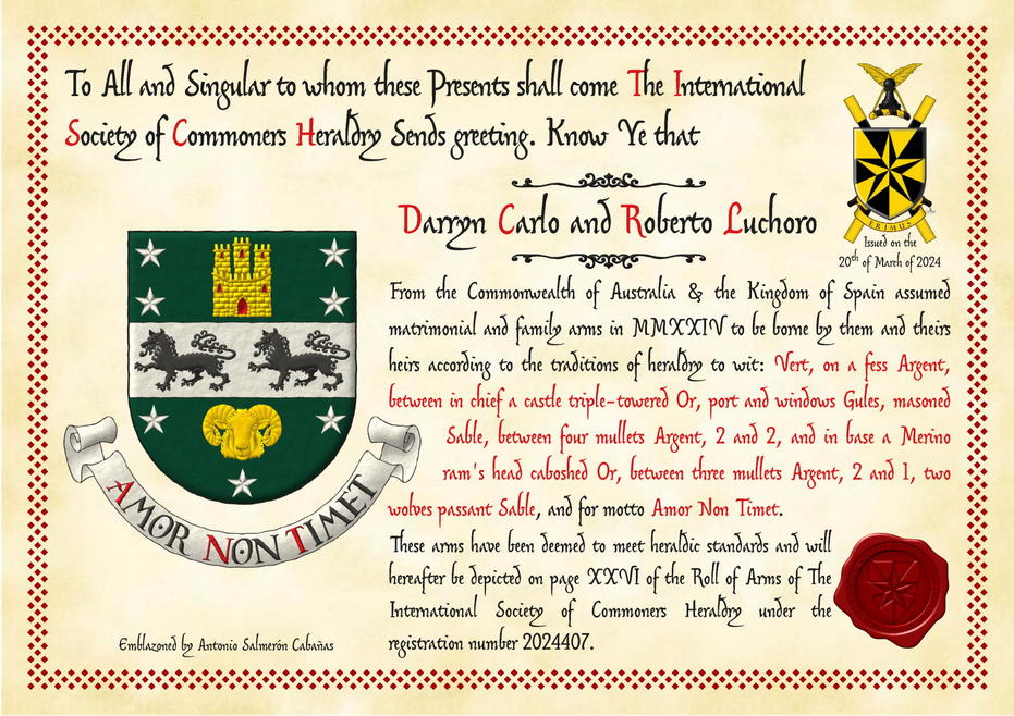 Vert, on a fess Argent, between in chief a castle triple-towered Or, port and windows Gules, masoned Sable, between four mullets Argent, 2 and 2, and in base a Merino ram's head caboshed Or, between three mullets Argent, 2 and 1, two wolves passant Sable. Motto: Amor Non Timet.