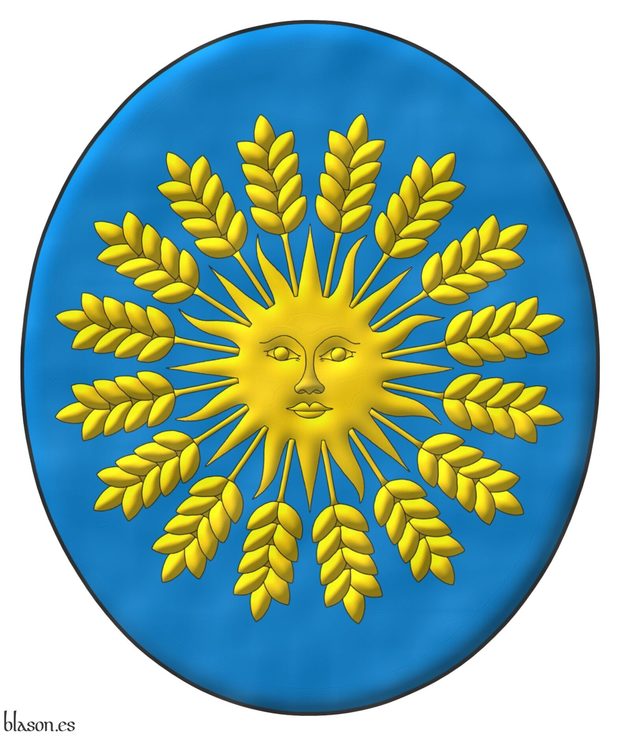Azure, a sun in splendour, irradiated of sixteen ears of wheat Or.