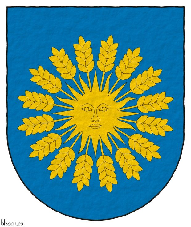Escudo de azur, un sol, radiante de diecis�is espigas de trigo todo de oro.