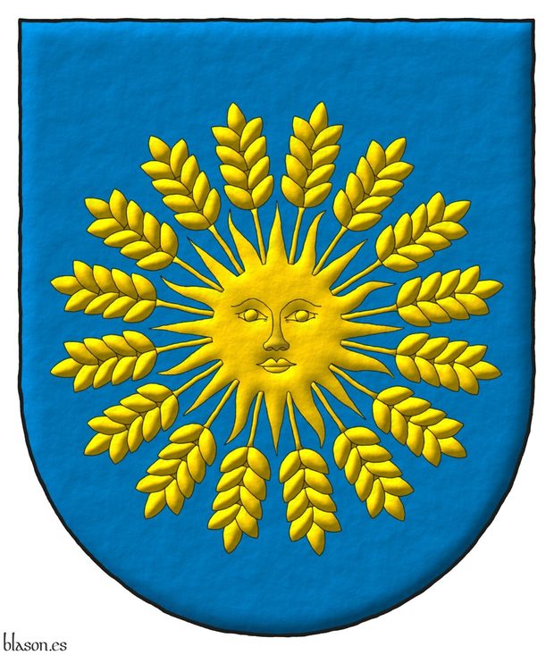 Escudo de azur, un sol, radiante de diecis�is espigas de trigo todo de oro.