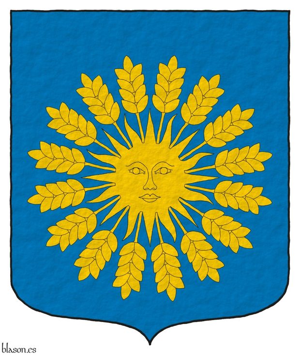 Azure, a sun in splendour, irradiated of sixteen ears of wheat Or.