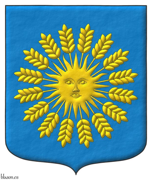 Escudo de azur, un sol, radiante de diecis�is espigas de trigo todo de oro.
