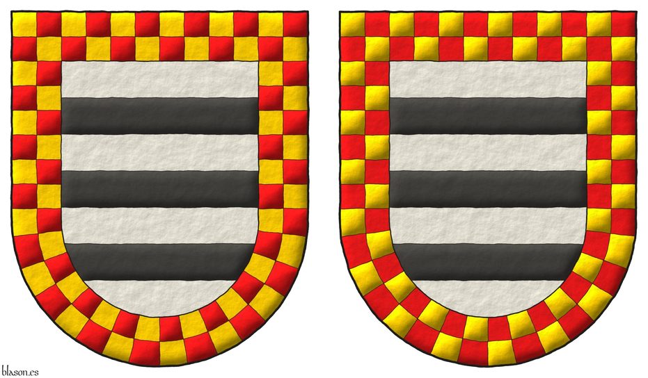 Escudo de plata, tres fajas de sable; bordura ajedrezada de oro y gules.