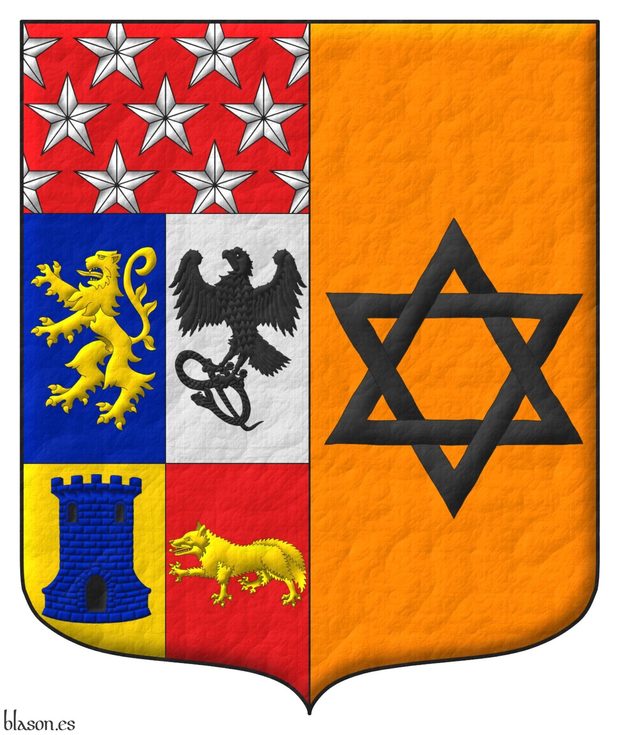 Party per pale: 1 quarterly: 1 Azure, a lion rampant Or, 2 Argent, a falcon rising, grasping in its paws a serpent Sable, 3 Or, a tower Azure, port, windows, and masoned Sable, 4 Gules, a fox passant Or, a chief Gules sem of mullets Argent; 2 Orange, a mullet of six points voided, interlaced Sable.