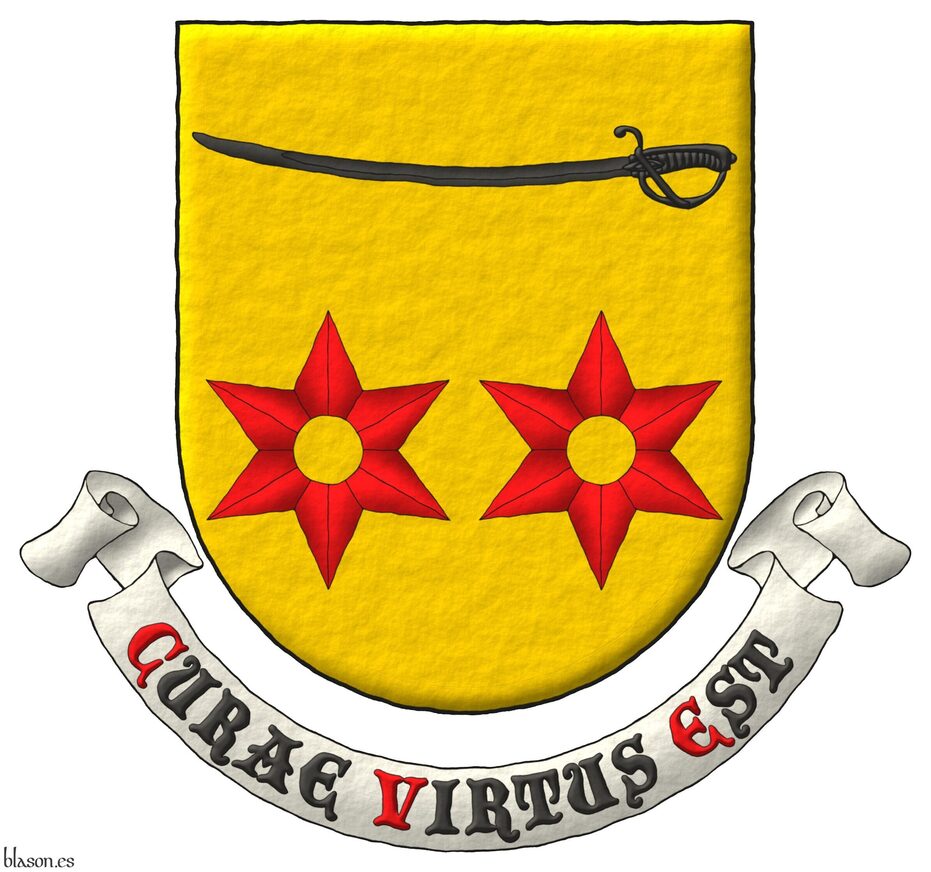 Or, two mullets of six points pierced in fess Gules; in chief a sabre fesswise Sable. Motto: Curae virtus est.