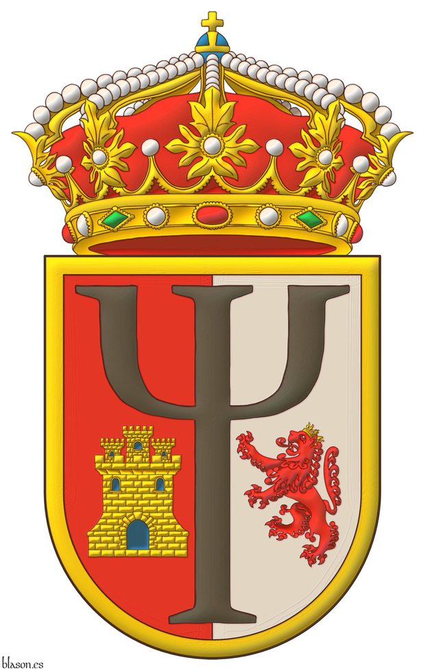 Escudo partido: 1o de gules, en punta un castillo de oro, aclarado de azur y mazonado de sable; 2o de plata, en punta un len rampante de gules, coronado de oro; brochante sobre la particin una letra psi de gules; una filiera de oro. Timbrado de una corona real cerrada.