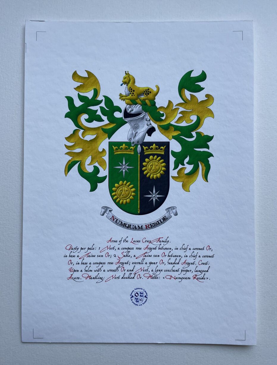 Escudo partido: 1o de sinople, una rosa de los vientos de plata, acompa�ada en jefe de una corona antigua y en punta de un sol ta�no ambos de oro; 2o de sable, un sol ta�no de oro, acompa�ado en jefe de una corona antigua de oro y en punta de una rosa de los vientos de plata; brochante sobre la partici�n una lanza de plata, fustada de oro. Timbrado de un yelmo, adornado de dos lambrequines de sinople doblados de oro, un burelete de oro y sinople, cimado de un lince tumbado al natural, lampasado de azur. Lema: �Numquam reside�.