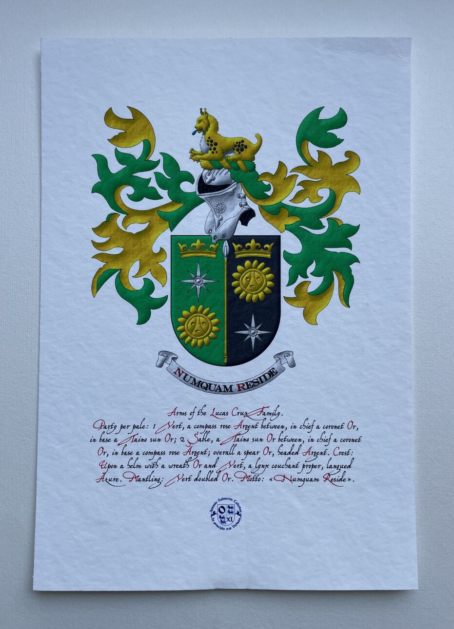 Party per pale: 1 Vert, a compass rose Argent between, in chief a coronet Or, in base a Taino sun Or; 2 Sable, a Taino sun Or between, in chief a coronet Or, in base a compass rose Argent; overall a spear Or, headed Argent. Crest: Upon a helm with a wreath Or and Vert, a lynx couchant proper, langued Azure. Mantling: Vert doubled Or. Motto: �Numquam reside�.