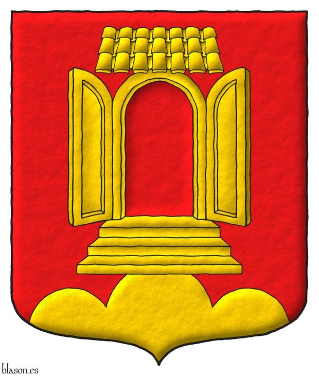 Escudo de gules, un monte de tres peas moviente de la punta sumado de una puerta con tejadillo, jambas, dintel arqueado, dos hojas abiertas sostenida de una escalinata de tres peldaos todo de oro, aclarada de gules.