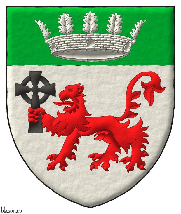 Escudo de plata, un len pasante de gules, teniendo en su diestra una cruz celta se sable, en un jefe de sinople, una corona mural con cinco hojas de roble visibles de plata.