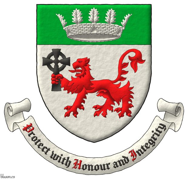 Escudo de plata, un len pasante de gules, teniendo en su diestra una cruz celta se sable, en un jefe de sinople, una corona mural con cinco hojas de roble visibles de plata. Lema: Protect with Honour and Integrity de sable, con letras iniciales de gules, sobre una filacteria de plata.