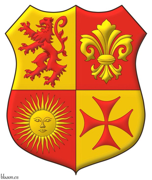 Quarterly: 1 Or, a lion rampant Gules; 2 Gules, a fleur de lis Or; 3 Gules, a sun of May Or; 4 Or, a cross of Bolnisi Gules.