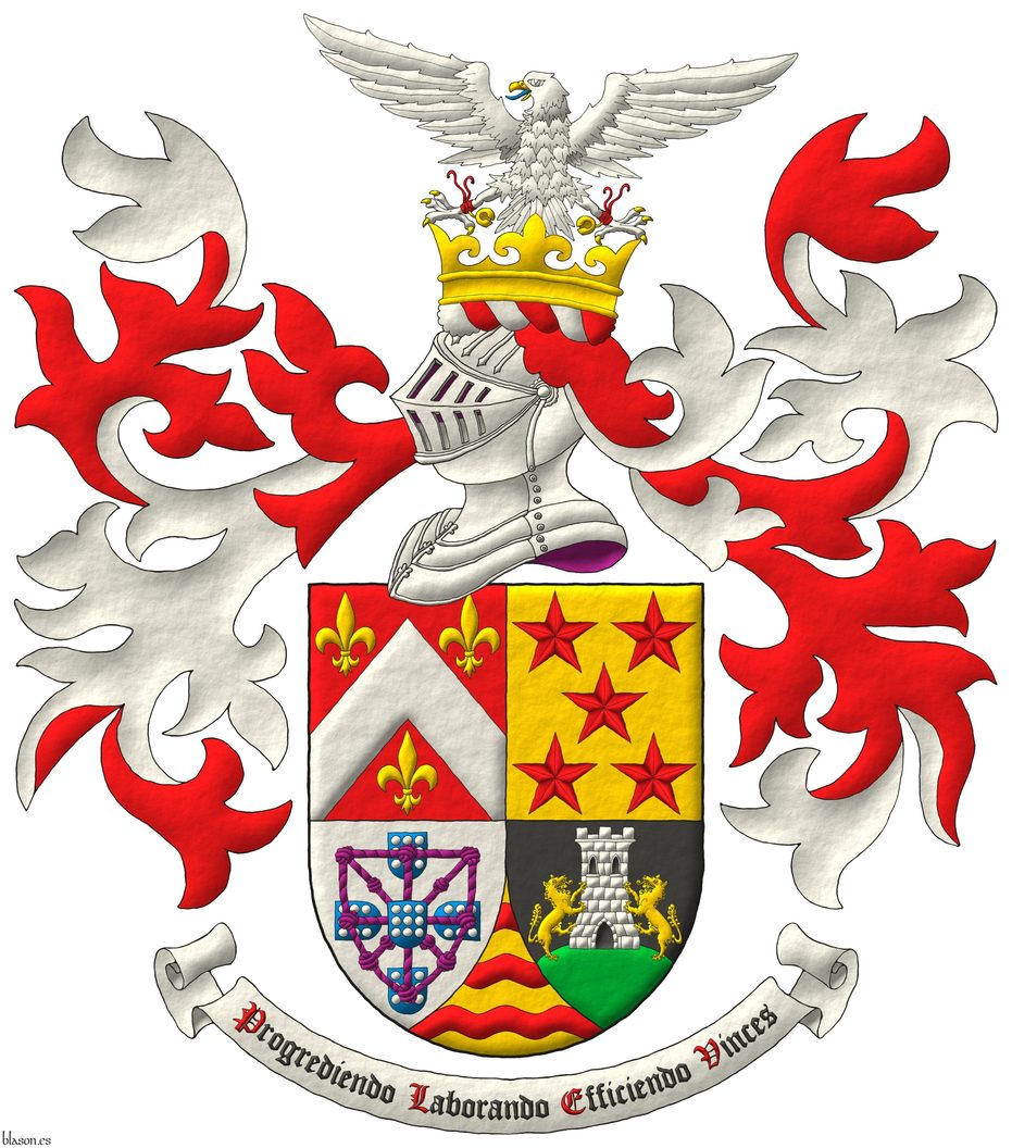 Escudo cuartelado: 1o de Gules, un cabrio de plata acompa�ado de tres flores de lis de oro; 2o de oro, cinco estrellas de seis puntas en sotuer de gules; 3o de plata, cuatro escudetes en cruz de azur, cada uno cargado de nueve bezantes de plata, 3, 3, 3, los dos escudetes de los flancos puestos en faja apuntando al del centro, brochante sobre el todo un carbunclo de cuerdas, orlado y anudado de p�rpura, y brochante sobre el todo del todo, un quinto escudete como los anteriores; 4o de sable, un monte moviente de la punta de sinople, sumado de una torre de plata, aclarada y mazonada de sable, con dos lobos de oro empinados a ella; Entado en punta de oro, tres fajas ondadas de gules. Timbrado de un yelmo adornado de dos lambrequines de gules doblados de plata, un burelete de plata y gules, cimado de una corona antigua de oro sumada de un halc�n de plata, avesado de gules, lampasado de azur, armado, picado y cascabelado de oro. Lema: �Progrediendo Laborando Efficiendo Vinces�.