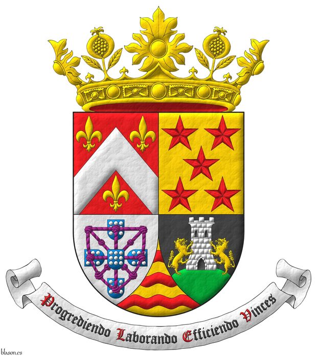 Escudo cuartelado: 1o de Gules, un cabrio de plata acompa�ado de tres flores de lis de oro; 2o de oro, cinco estrellas de seis puntas en sotuer de gules; 3o de plata, cuatro escudetes en cruz de azur, cada uno cargado de nueve bezantes de plata, 3, 3, 3, los dos escudetes de los flancos puestos en faja apuntando al del centro, brochante sobre el todo un carbunclo de cuerdas, orlado y anudado de p�rpura, y brochante sobre el todo del todo, un quinto escudete como los anteriores; 4o de sable, un monte moviente de la punta de sinople, sumado de una torre de plata, aclarada y mazonada de sable, con dos lobos de oro empinados a ella; Entado en punta de oro, tres fajas ondadas de gules. Timbrado de una corona de la Soberana y Muy Noble Orden de la Granada. Lema: �Progrediendo Laborando Efficiendo Vinces�.