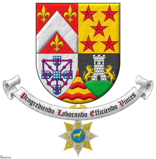 Escudo cuartelado: 1o de Gules, un cabrio de plata acompa�ado de tres flores de lis de oro [de Fraz�o]; 2o de oro, cinco estrellas de seis puntas en sotuer de gules [de Coutinho]; 3o de plata, cuatro escudetes en cruz de azur, cada uno cargado de nueve bezantes de plata, 3, 3, 3, los dos escudetes de los flancos puestos en faja apuntando al del centro, brochante sobre el todo un carbunclo de cuerdas, orlado y anudado de p�rpura, y brochante sobre el todo del todo, un quinto escudete como los anterioress [de E�as]; 4o de sable, un monte moviente de la punta de sinople, sumado de una torre de plata, aclarada y mazonada de sable, con dos lobos de oro empinados a ella [de C�mara]; Entado en punta de oro, tres fajas ondadas de gules [de Drummond]. Lema: �Progrediendo Laborando Efficiendo Vinces�. Pendiente de la punta la cruz de miembro de la Real Orden del Golden Fire Dog.