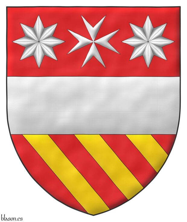 Gules, a fess between, in chief a Maltese cross between two mullets of eight Argent, in base three bendlets Or.