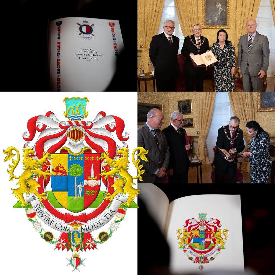 Tierced per pale: 1 Or, upon a fess Azure a lion passant Gules holding a sword point upwards Argent [for Spiteri]; 2 Azure, upon a base Vert a tree eradicated proper, supported at sinister by a man proper wearing a loincloth Argent and holding in his sinister a spear point upwards Or and in chief three mullets of six points in fess Or [for Debono], 3 Gules, two hands clasped throughout proper, vested Argent, holding a dagger point upwards Argent, hilted Or, in chief three mullets of six points in fess Or and in base a sprig of olive fesswise proper [for Zammit]. Crest: Upon a helm, befitting her degree as President of Malta, with a wreath Or and Gules, an escutcheon Bleu celeste, issuant from a base wavy Argent, charged with three bars wavy Azure, three arches interlaced in fess Or. Mantling: Gules doubled Argent. Supporters: Two lions rampant Or, langued Gules, terraced by a mound Vert. Motto: Servire Cum Modestia. The shield is surrounded by the Xirka Gieh ir-Repubblika and the Grand Collar of Malta's National Order of Merit, as Head of both.