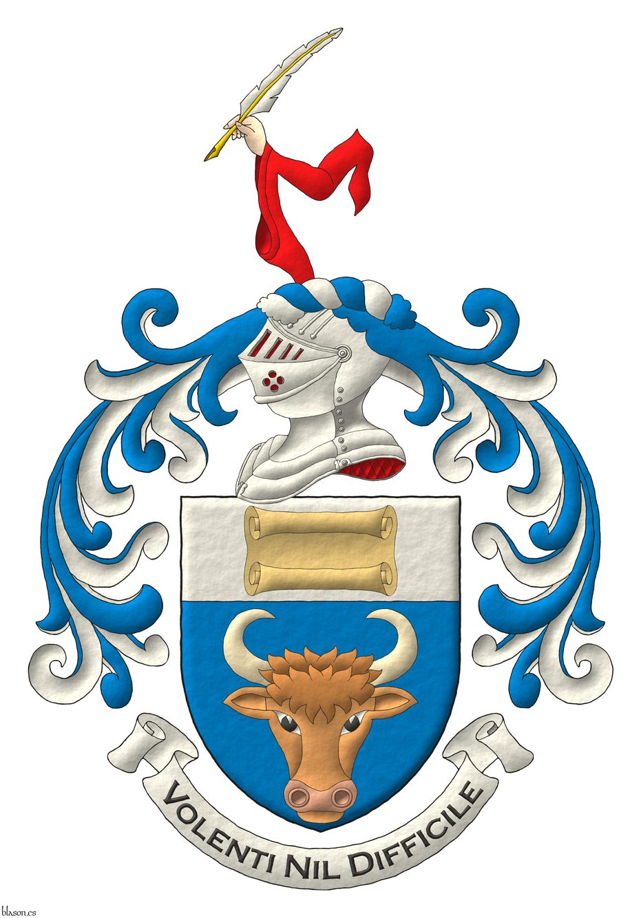 Azure, a cow's head caboshed proper; on a chief Argent, a scroll palewise proper. Crest: Upon a helm befitting his degree, with a wreath Argent and Azure, a dexter arm embowed, garbed in a maunch Gules, holding in its hand carnation, a quill bend sinisterwise Argent, shafted Or. Mantling: Azure doubled Argent. Motto: �Volenti Nil Difficile�.