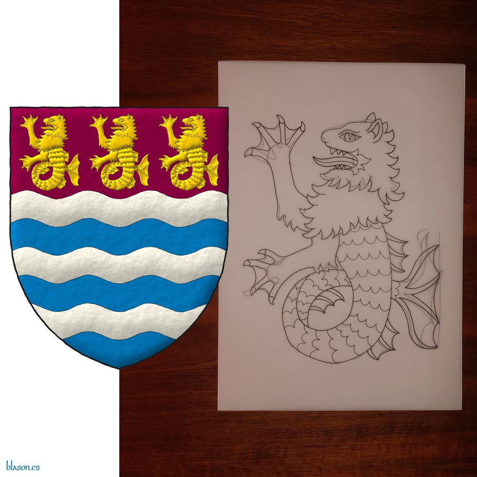 Escudo fajado ondado de plata y azur; en un jefe ondado de morado, tres leones marinos sentados y erguidos en faja de oro.