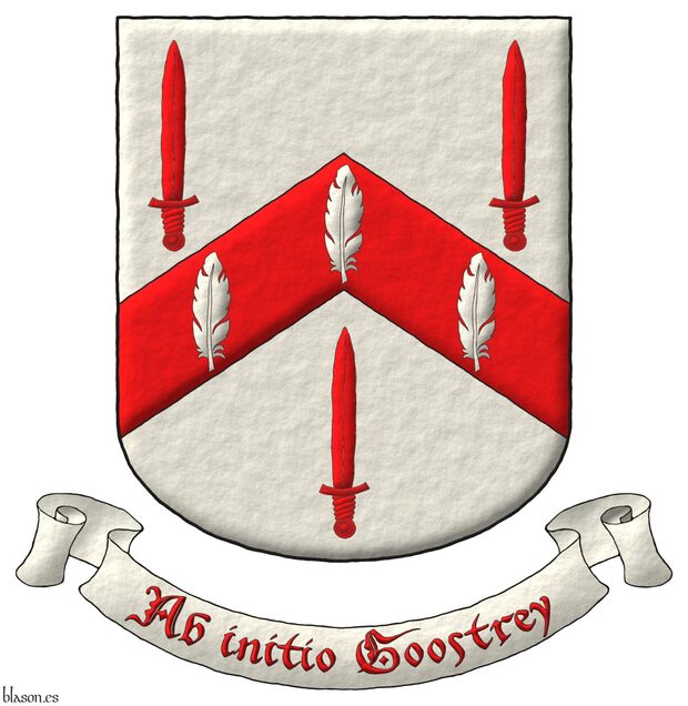 Escudo de plata, un cabrio de gules cargado de tres plumas de plata, acompaado de tres espadas alzadas de gules, 2 y 1. Mote: Ab Initio Goostrey.