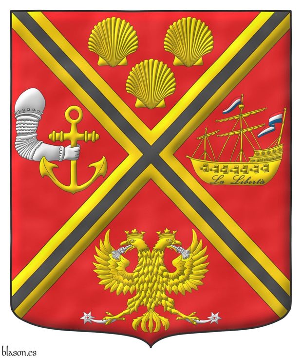 Gules, a saltire Or charged with a fillet saltire Sable between in chief three escallops reversed Or; in dexter, a dexter arm embowed, vambraced Argent, holding an anchor Or; in sinister a two masted warship, with cannons ports and sails hoisted Or, two flags Gules, Argent and Azure flying to dexter, one in the main mast and one in the stern, on the hull the inscription La Liberta Sable; in base a crowned double-headed eagle displayed Or, holding two tassels, one in each beak, and two mullets of six points pierced, one in each talon Argent.