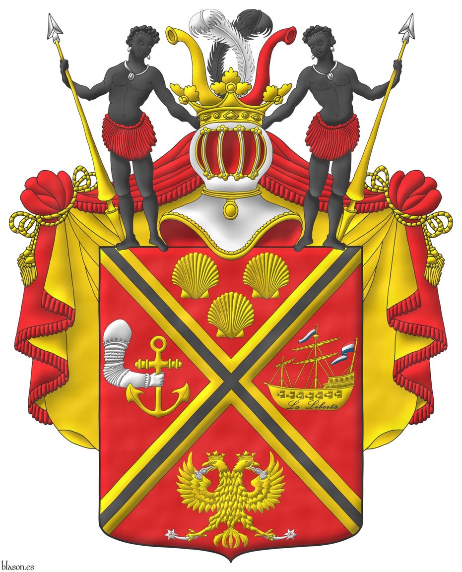 Gules, a saltire Or charged with a fillet saltire Sable between in chief three escallops reversed Or; in dexter, a dexter arm embowed, vambraced Argent, holding an anchor Or; in sinister a two masted warship, with cannons ports and sails hoisted Or, two flags Gules, Argent and Azure flying to dexter, one in the main mast and one in the stern, on the hull the inscription La Liberta Sable; in base a crowned double-headed eagle displayed Or, holding two tassels, one in each beak, and two mullets of six points pierced, one in each talon Argent. Crest: A helm befitting his degree with a mantle Gules lined Or, pleated in chief at both dexter and sinister, and bearing an Adelskrone held in its place by two men Sable, vested with feather skirts Gules, each standing on the shield, and holding in his outer hand a diagonally placed tournament spears, headed Argent, and issuant from the Adelskrone, between two elephants' trunks, the one at dexter Or, the one at sinister Gules, two ostrich feathers in saltire, the one bendwise Argent, and the one bend sinisterwise Sable.