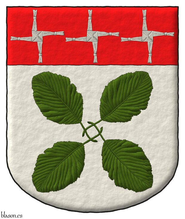 Escudo de plata, cuatro hojas de serbal blanco (Sorbus Aria Lutescens) en sotuer, los tallos entrelazados de sinople, en un jefe de gules, tres cruces de santa Brgida de plata.