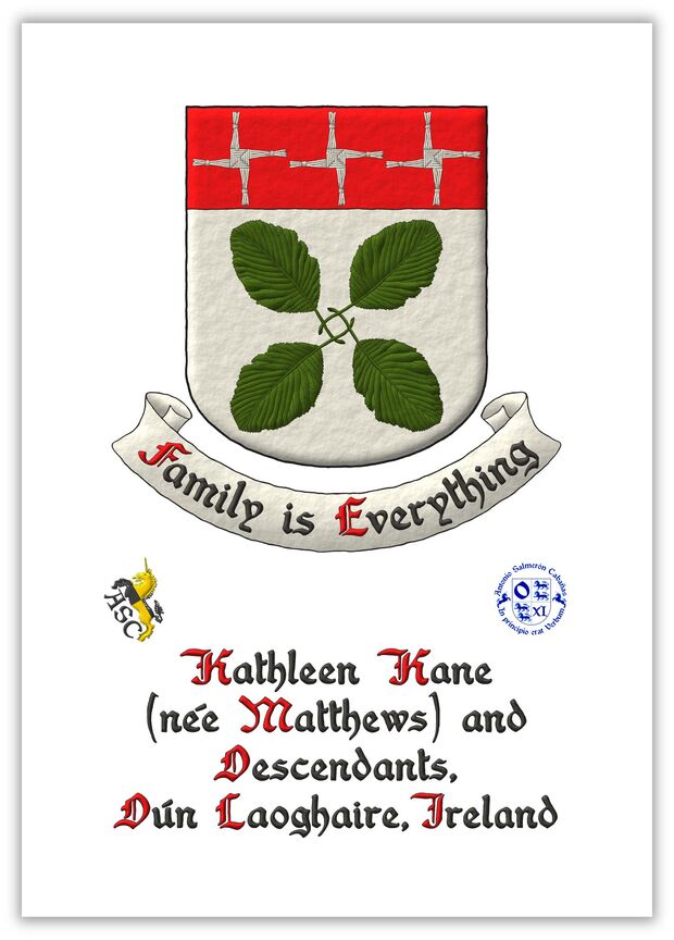 Argent, four leaves of Silver Leaved Whitebeam (Sorbus Aria Lutescens) in saltire, stems interlaced Vert, on a chief Gules, three crosses of Saint Brigid Argent. Motto: Family is Everything Sable, with initial letters Gules, over a scroll Argent.