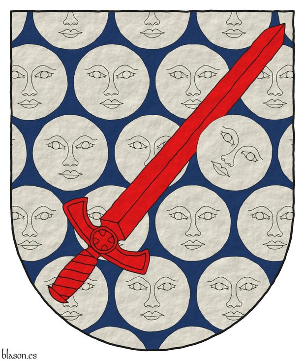 Azure sem of moons with human face Argent, a sword point upwards Gules, the sinister of its blade debruised by a moon with human face Argent both bend sinisterwise.
