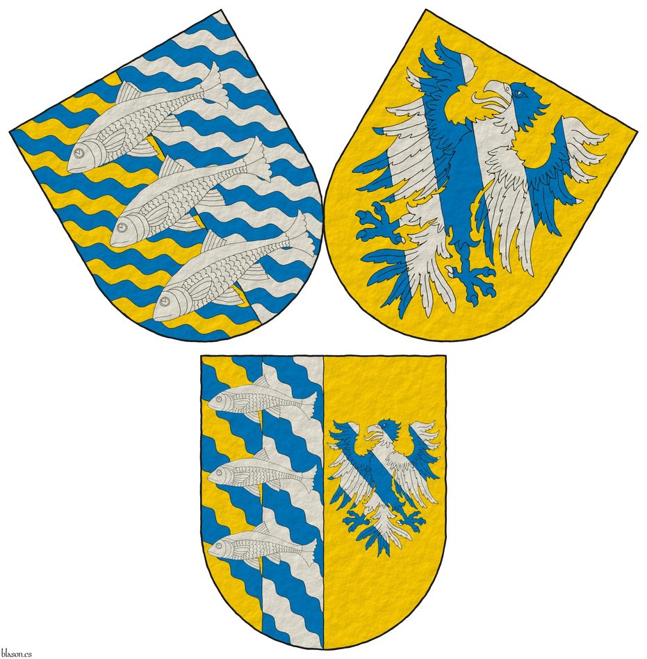 Escudo partido: 1 partido: 1o bandado ondado de azur y oro; 2o bandado ondado de azur y plata, brochante sobre el todo tres peces nadantes en palo de plata; 2o de oro, un guila bandada de azur y plata.