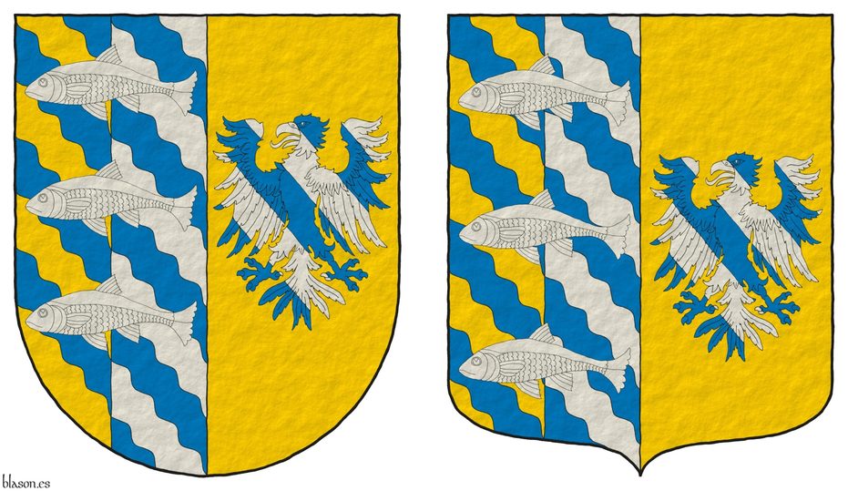 Escudo partido: 1 partido: 1o bandado ondado de azur y oro; 2o bandado ondado de azur y plata, brochante sobre el todo tres peces nadantes en palo de plata; 2o de oro, un guila bandada de azur y plata.