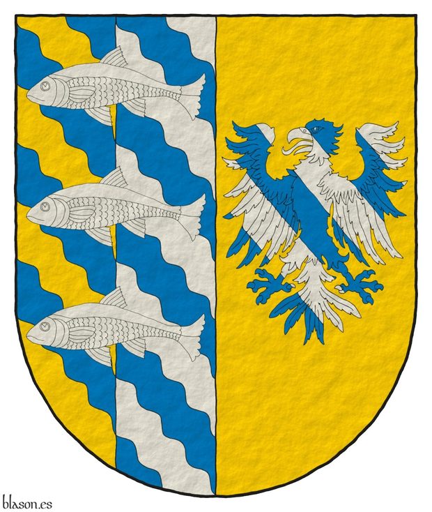 Escudo partido: 1 partido: 1o bandado ondado de azur y oro; 2o bandado ondado de azur y plata, brochante sobre el todo tres peces nadantes en palo de plata; 2o de oro, un guila bandada de azur y plata.