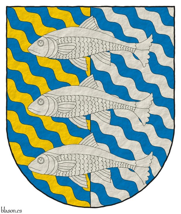 Party per pale bendy wavy Azure and Or and bendy wavy Azure and Argent, overall three fish naiant in pale Argent.