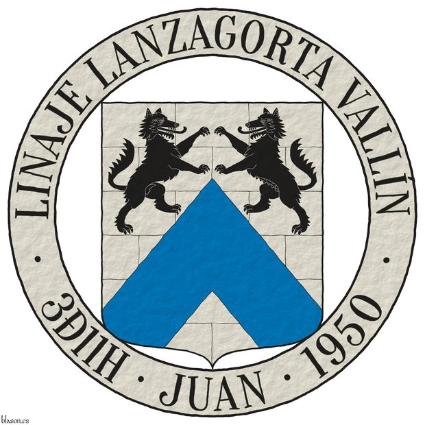 Escudo de plata mazonado de sable, un cabrio de azur, en jefe un lobo y una loba afrontados de sable. Divisa alrededor del escudo: Linaje Lanzagorta Valln  3&ETH11H  Juan  1950 de sable sobre una filacteria de plata.